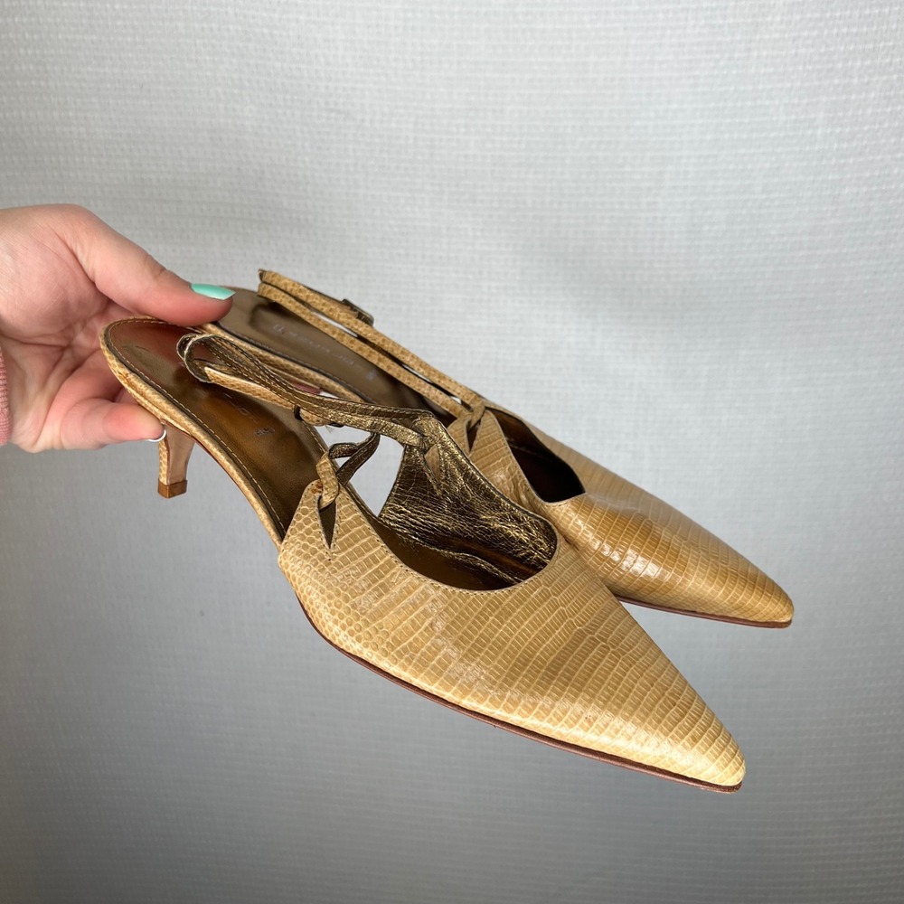 Pancaldi Tan Lizard Embossed Leather Slingback Kitten Heels Made in Italy 37